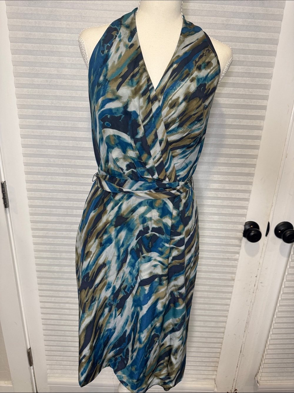 Ann Taylor Blue, Teal & Olive Abstract One-Shoulder Silk Dress RG